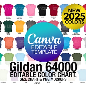 Gildan 64000 G640 bearbeitbare Farbkarte + Größentabelle + PNG Mockup Bundle | Canva bearbeitbare Vorlage | PNG Transparentes Mockup Bundle