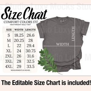 May include: Size chart for a heavyweight adult t-shirt in Comfort Colors 1717. The chart shows the width and length measurements in inches for sizes S through 4XL.