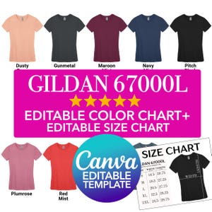Plantilla de Canva Gildan 67000L Tabla de colores editable + Tabla de tallas editable Paquete de maquetas de Canva PNG de camisetas de mujer Gráficos de arrastrar y soltar