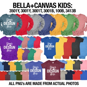 Puede incluir: Una variedad de camisetas y camisas de manga larga para ni&ntilde;os Bella + Canvas en diferentes colores, incluyendo morado, rojo, azul, verde, amarillo y gris. Las camisetas presentan el texto "Your Design Here" en blanco.