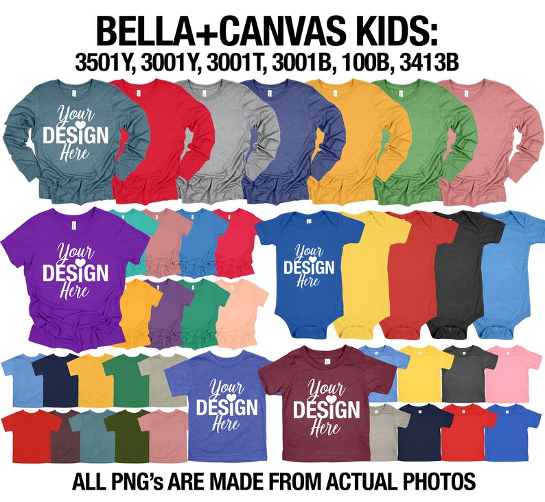 Puede incluir: Una variedad de camisetas y camisas de manga larga para ni&ntilde;os Bella + Canvas en diferentes colores, incluyendo morado, rojo, azul, verde, amarillo y gris. Las camisetas presentan el texto "Your Design Here" en blanco.