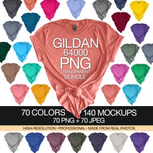 Ensemble de maquettes PNG Gildan 64000 transparent + arrière-plans blancs toutes les 70 couleurs haute résolution, vraies photos maquettes de t-shirts pour femmes G640