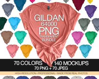 Gildan 64000 T-shirt Mockup Bundle: 70 Farben (PNG & JPEG)