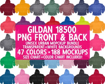 May include: A mockup bundle of 47 colors of Gildan 18500 hoodies, featuring 188 mockups of the front and back of the hoodie. The mockups include transparent and white backgrounds. A size chart and color chart are included.