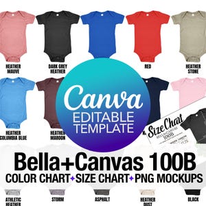 Tabla de colores editable Bella Canvas 100B + Tabla de tallas editable + Paquete de maquetas PNG transparentes / Plantilla editable de Canva / Maqueta de mono de bebé