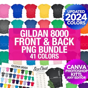 May include: A collection of 41 different colored Gildan 8000 unisex short sleeve t-shirts. The shirts are arranged in rows and columns, with a size chart and information about the product in the lower right corner. The text "Updated 2024 Colors" is in a blue circle at the top right corner of the image.
