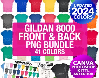 Gildan 8000 G800 Front And Back PNG Transparent Mockup Bundle | Men Women Unisex Flat Lay | Color Chart Size Chart | Individual Mockups