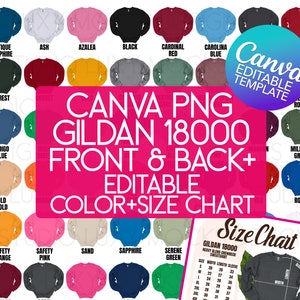 May include: A product image showcasing a variety of Gildan 18000 crewneck sweatshirts in various colors, including black, red, and blue. The image also features a size chart and the text "CANVA PNG GILDAN 18000 FRONT & BACK+ EDITABLE COLOR+SIZE CHART."