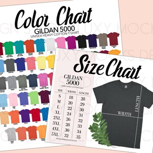 May include: Two charts displaying Gildan 5000 unisex heavy cotton t-shirts. One chart shows a color palette with various hues, including red, blue, and green. The other chart details shirt sizes, with measurements in inches, and a dark gray t-shirt.