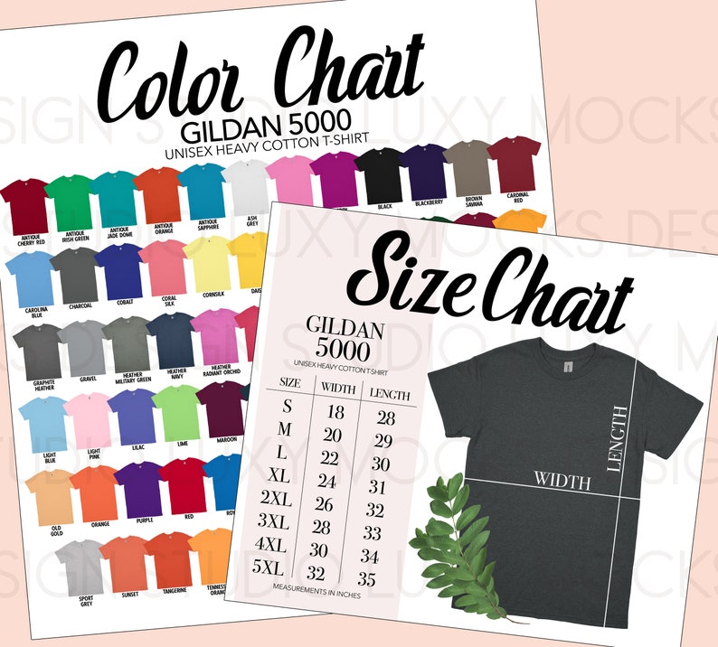 May include: Two charts displaying Gildan 5000 unisex heavy cotton t-shirts. One chart shows a color palette with various hues, including red, blue, and green. The other chart details shirt sizes, with measurements in inches, and a dark gray t-shirt.