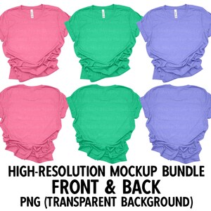 May include: A mockup bundle of six t-shirts in three colors: pink, green, and purple. Each t-shirt is shown from the front and back, with a plain design. The t-shirts are photographed against a white background.  HIGH-RESOLUTION MOCKUP BUNDLE FRONT & BACK PNG (TRANSPARENT BACKGROUND)