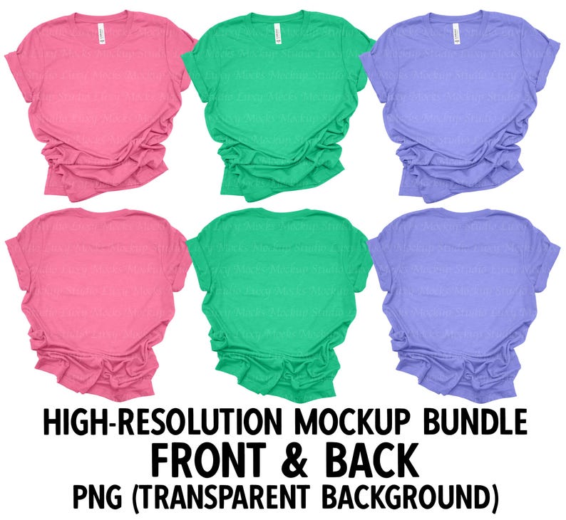 May include: A mockup bundle of six t-shirts in three colors: pink, green, and purple. Each t-shirt is shown from the front and back, with a plain design. The t-shirts are photographed against a white background.  HIGH-RESOLUTION MOCKUP BUNDLE FRONT & BACK PNG (TRANSPARENT BACKGROUND)