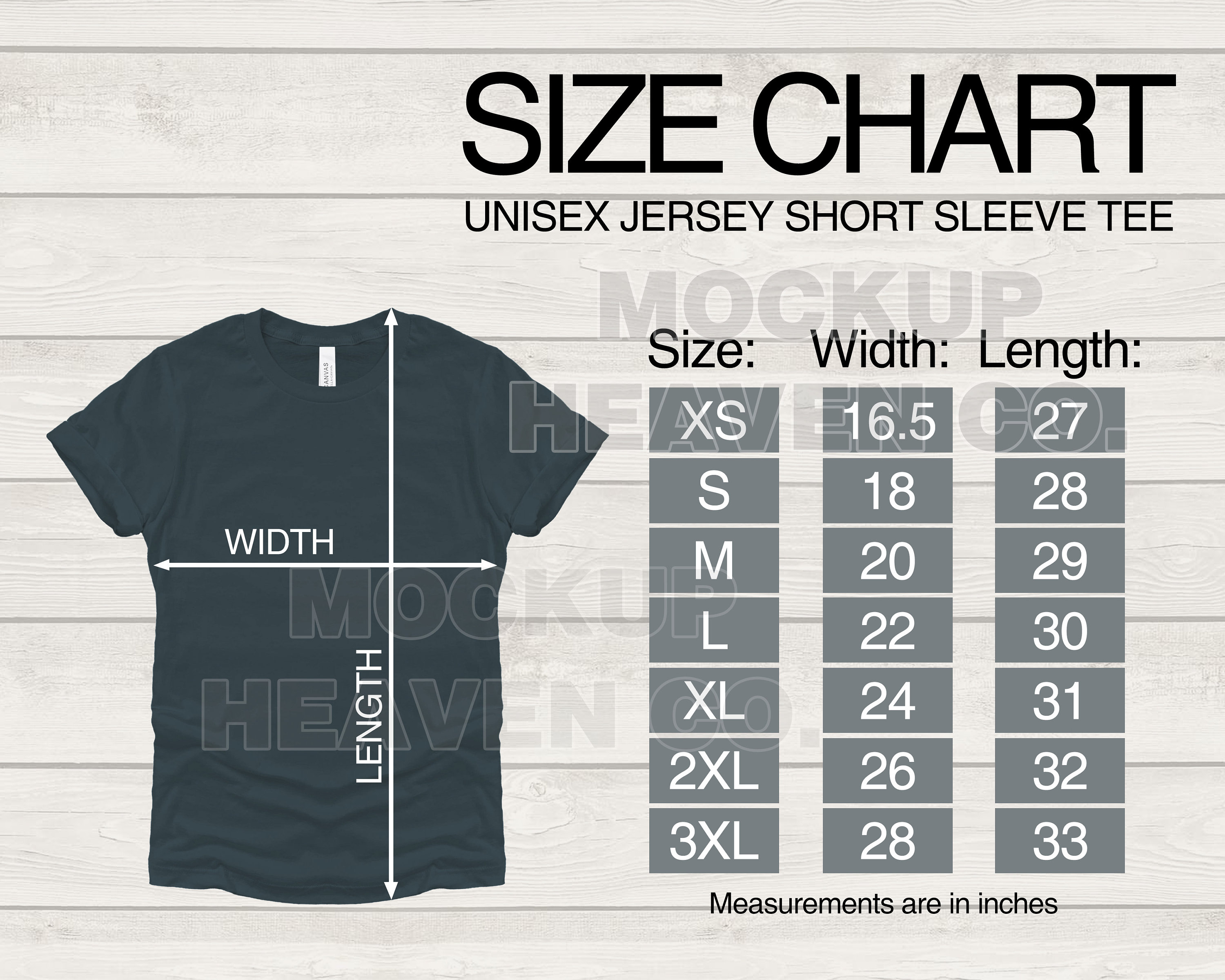 Bella + Canvas 3001 Size Chart Mockup: Unisex T-shirt (digital