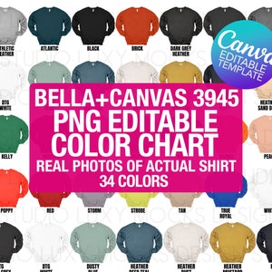 Plantilla de Canva Bella Canvas 3945 Tabla de colores editable + Paquete de maqueta transparente PNG + Tabla de tallas editable / Descarga digital para tiendas POD