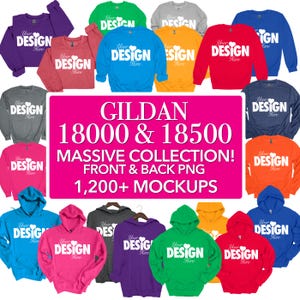 Puede incluir: Una colecci&oacute;n de sudaderas y sudaderas con capucha Gildan 18000 y 18500 en varios colores, incluidos rojo, azul, verde, morado, rosa, naranja y gris. Las sudaderas y sudaderas con capucha est&aacute;n todas en blanco y presentan el texto "Your Design Here" impreso en la parte delantera.