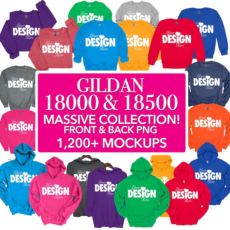 Puede incluir: Una colecci&oacute;n de sudaderas y sudaderas con capucha Gildan 18000 y 18500 en varios colores, incluidos rojo, azul, verde, morado, rosa, naranja y gris. Las sudaderas y sudaderas con capucha est&aacute;n todas en blanco y presentan el texto "Your Design Here" impreso en la parte delantera.