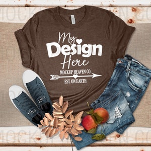 Bella Canvas 3001 T-shirt Mockup Heather Brown Color Fall Autumn Theme Flat Lay Mockup Print On Demand Unisex Men Women Tee Mockup