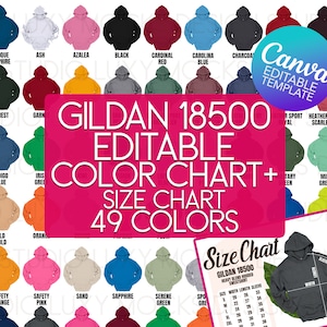 Canva Template Gildan 18500 G185 Editable Color Chart + Size Chart + PNG Transparent Mockup Bundle Unisex Hoodie Mockups