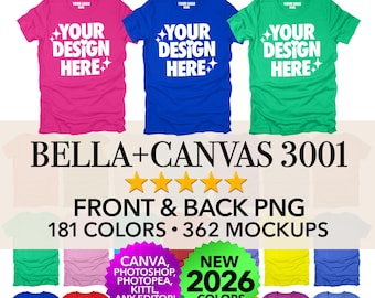 Bella Canvas 3001 Tagless PNG Mockup Bundle Front & Back Men's \ Unisex + Editable Canva Templates Color And Size Chart | T-shirt Mockup