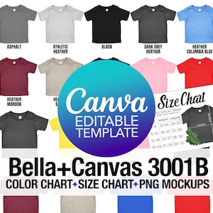 Tabla de colores editable Bella Canvas 3001B + Tabla de tallas + Paquete de maquetas PNG transparentes / Camiseta de jersey para bebé / Tablas de camisetas para bebé 3001