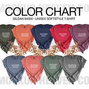 Carta de colores de otoño Heather 64000 de Gildan Camiseta Softstyle G640 con maquetas para mujer Impresión a pedido Camiseta Gildan 64000 Otoño Tema otoñal