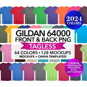 Maqueta PNG frontal y posterior sin etiqueta de Gildan 64000 g640 / Maquetas + Tabla de colores y tamaños editables / Promocione su marca / Paquete X1