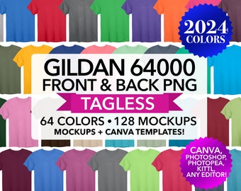 May include: A collection of Gildan 64000 t-shirts in various colors, with the text "2024 COLORS" and "GILDAN 64000 FRONT & BACK PNG TAGLESS" displayed. The image also includes the text "64 COLORS • 128 MOCKUPS MOCKUPS + CANVA TEMPLATES!"