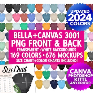 Ensemble de maquettes recto-verso Bella Canvas 3001 PNG transparents + JPEG blanc 169 couleurs 676 maquettes | Nuancier + Tableau des tailles inclus 2024