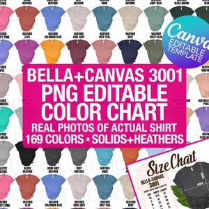 Tabla de colores editable Bella Canvas 3001 + tabla de tallas Plantilla Canva Colores sólidos + jaspeados Paquete de maquetas PNG transparentes / Mujeres