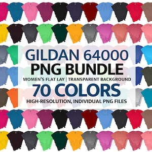 Ensemble de maquettes PNG Gildan 64000 G640, arrière-plan transparent + nuancier | Maquettes à plat pour femmes, 70 couleurs, pour impression à la demande
