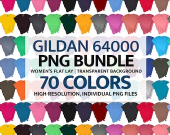May include: A collection of Gildan 64000 t-shirts in 70 different colors, arranged in rows. The image includes the text "GILDAN 64000 PNG BUNDLE" and "70 COLORS". The shirts are flat lay with a transparent background.