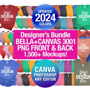 Colección de maquetas PNG de diseñador Bella Canvas 3001 con parte delantera y trasera doblada + accesorios para mujeres y hombres, fondo transparente/descarga digital 2024