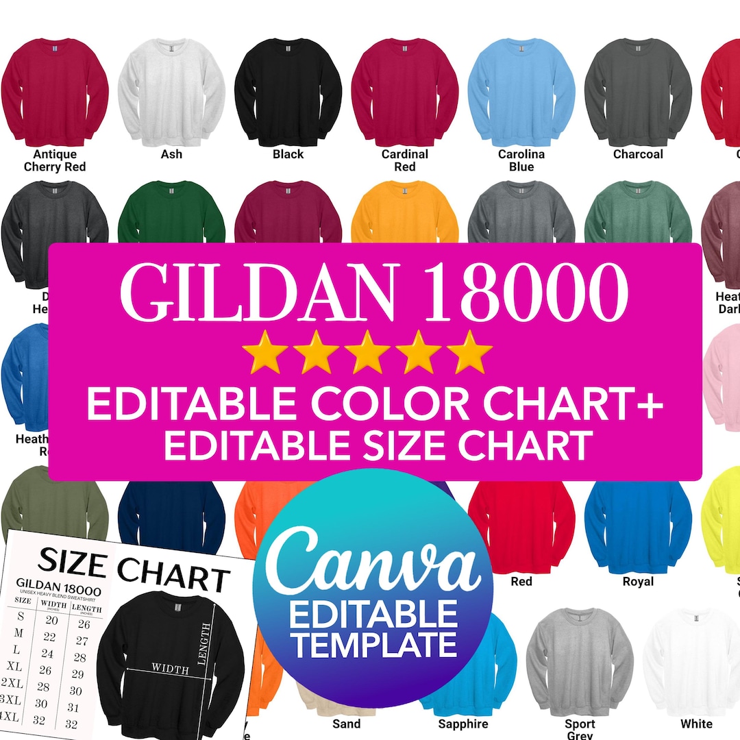 Gildan 18000 Color Chart + Size Chart: Canva Template (digital Download ...