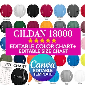 Puede incluir: Carta de colores para sudaderas Gildan 18000, que muestra 20 colores diferentes. La tabla también incluye una tabla de tallas con medidas en pulgadas. El texto "Plantilla editable de Canva" es visible en la esquina inferior derecha.