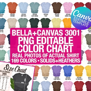 Plantilla Canva Bella Canvas 3001 Tabla de colores editable y tabla de tallas PNG transparente Maqueta paquete / Fotos reales de la camiseta real / Unisex