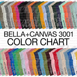 Tabla de colores Bella Canvas 3001 + Tabla de tallas Fotos de maquetas impresas a pedido con colores Printful Camiseta de jersey unisex BC 3001