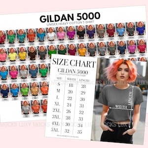 Bundel Gildan 5000 G500 Kleurenkaart + Maattabel | Fit dames-T-shirt Maattabel Kleurenkaart | JPEG-indeling 2-bestanden niet-bewerkbaar | Digitaal