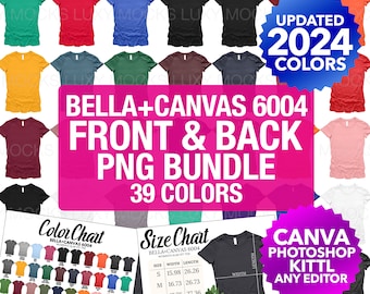 May include: A color chart of 39 different colors of Bella + Canvas 6004 women's slim fit t-shirts. The chart includes a size chart with measurements in inches. The text "Bella + Canvas 6004 Front & Back PNG Bundle 39 Colors" is displayed in large, bold letters. The text "Updated 2024 Colors" is displayed in a circle with a blue background. The text "Canva Photoshop Kittel Any Editor" is displayed in a pink circle.