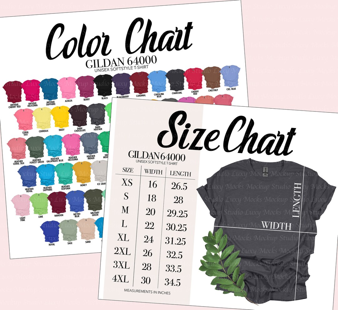 Gildan 64000 Color Chart Size Chart / 2 JPEG Files / G640 Softstyle ...