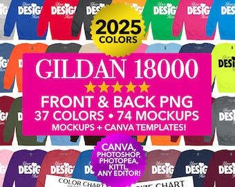 Gildan 18000 g180 Front And Back PNG Transparent Mockup Bundle | Mockups Editable Color Chart Size Chart | Fall Holiday Men Women Bundle X2