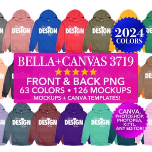 Sudadera unisex Bella Canvas 3719 con capucha, parte delantera y trasera, PNG, maqueta transparente, paquete, tabla de colores, tabla de tallas, paquete editable, X1, 2024