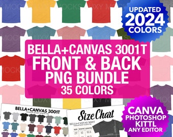 Bella Canvas 3001T Fronte e retro PNG trasparente Mockup Bundle + Tabella colori + Tabella taglie / 3001T T-shirt per bambini Flat Lay PNG Mockup