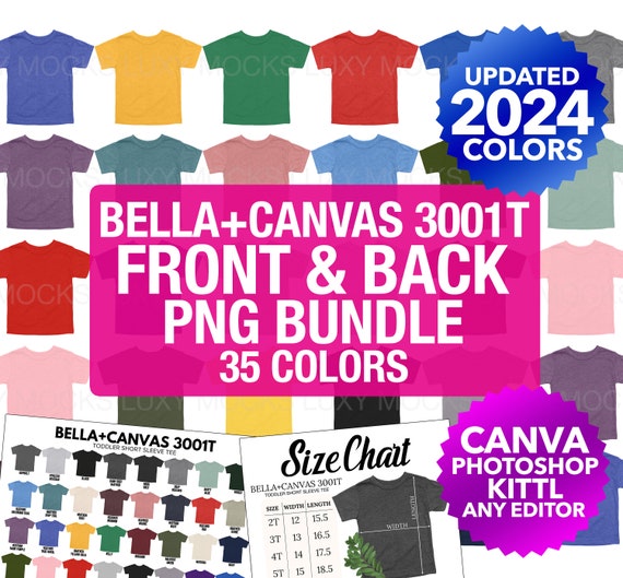Bella Canvas 3001T Front And Back PNG Transparent Mockup Bundle + Color Chart + Size Chart | 3001T Toddler Tee Flat Lay PNG Mockups