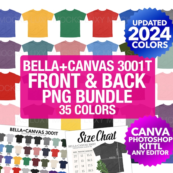 Bella Canvas 3001T Front And Back PNG Transparent Mockup Bundle + Color Chart + Size Chart | 3001T Toddler Tee Flat Lay PNG Mockups