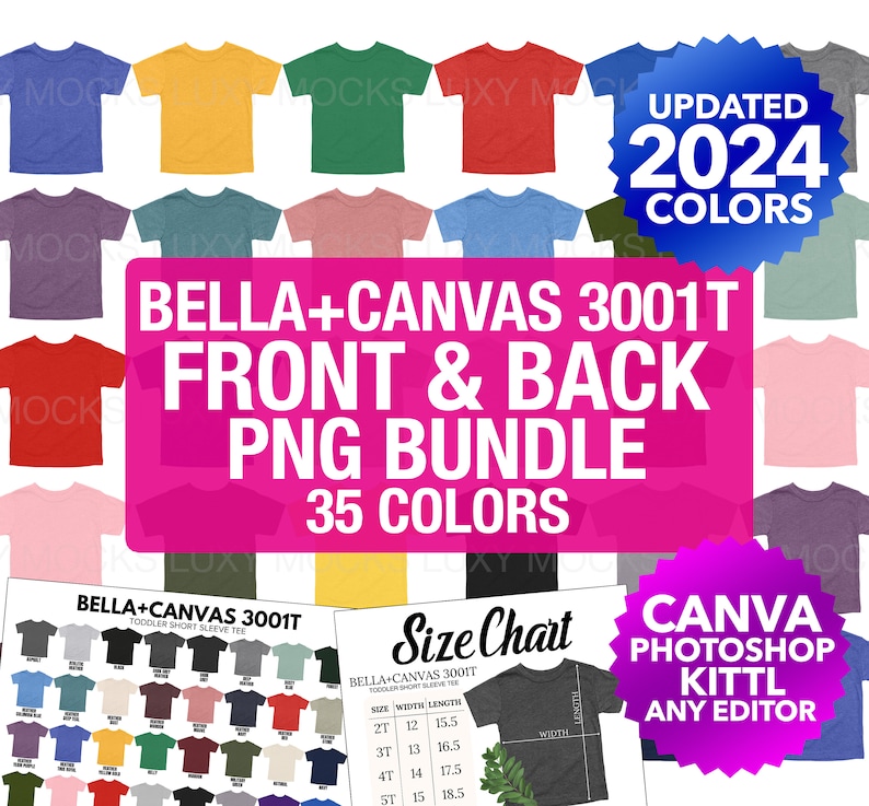 以下が含まれることがあります： 35色のベラ+キャンバス3001T幼児用半袖Tシャツのコレクション。シャツは色ごとに並べて表示されています。画像にはサイズ表と、シャツがCanva、Photoshop、その他のデザインソフトウェアと互換性があることを示すメモも含まれています。 「2024年最新カラー」というテキストは、星形のデザインの円の中にあります。