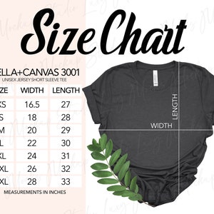 Bella Canvas 3001 Maattabel | Uniseks platliggende mockup-stijl | Heren Dames T-shirt met korte mouwen Maattabel | JPEG-indeling | Direct downloaden