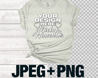 Bella Canvas 3001 Mockup: T-Shirt Esche, Hintergrund Transparent + Holz (JPEG + PNG)