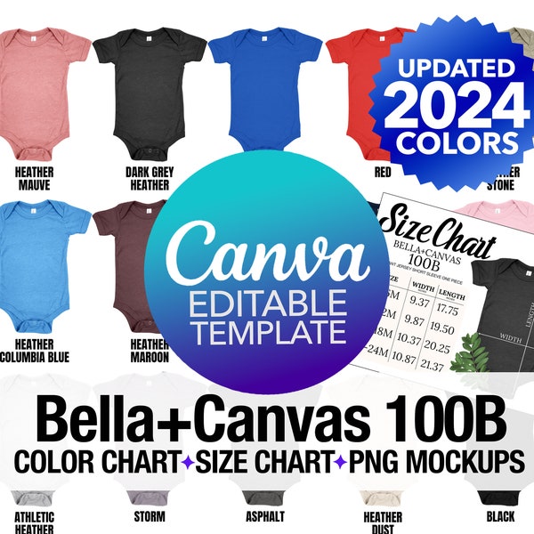 Bella Canvas 100B Editable Color Chart + Editable Size Chart + PNG Transparent Mockup Bundle | Canva Editable Template | Baby Onsie Mockup