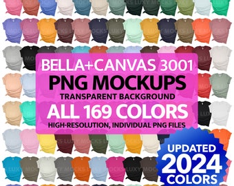 Bella Canvas 3001 PNG Mockups All 169 Colors Solids + Heather CVC Transparent Background High Resolution T-shirt Mockups + Color Chart
