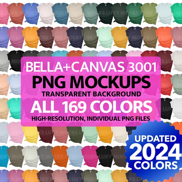 Bella Canvas 3001 PNG Mockups Alle 169 Farben Solids + Heather CVC Transparenter Hintergrund Hochauflösende T-Shirt Mockups + Farbkarte